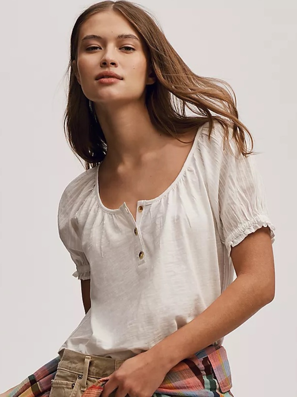 Pilcro puff sleeve scoop neck Henley